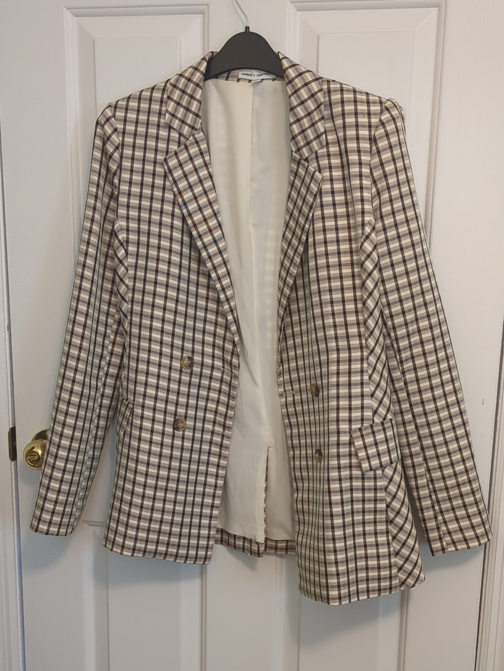 Express Checked Double-Breasted Blazer in Cream, Blue and Brown